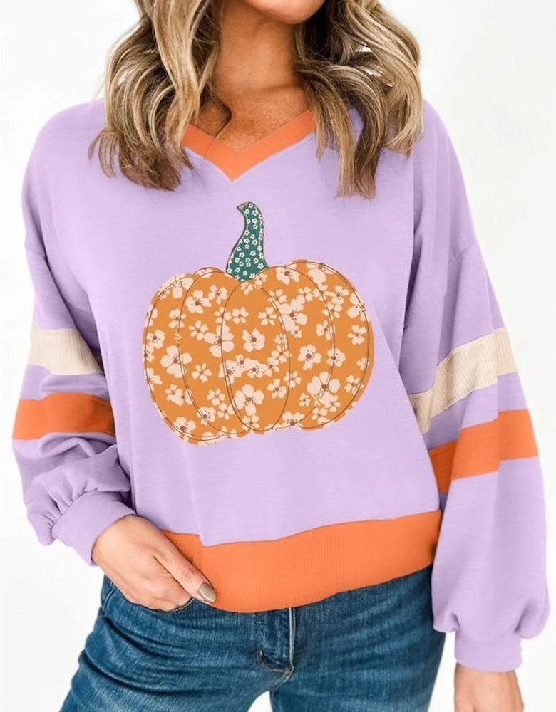 Orchid Bouquet Halloween Floral Pumpkin Color Block V Neck Sweatshirt