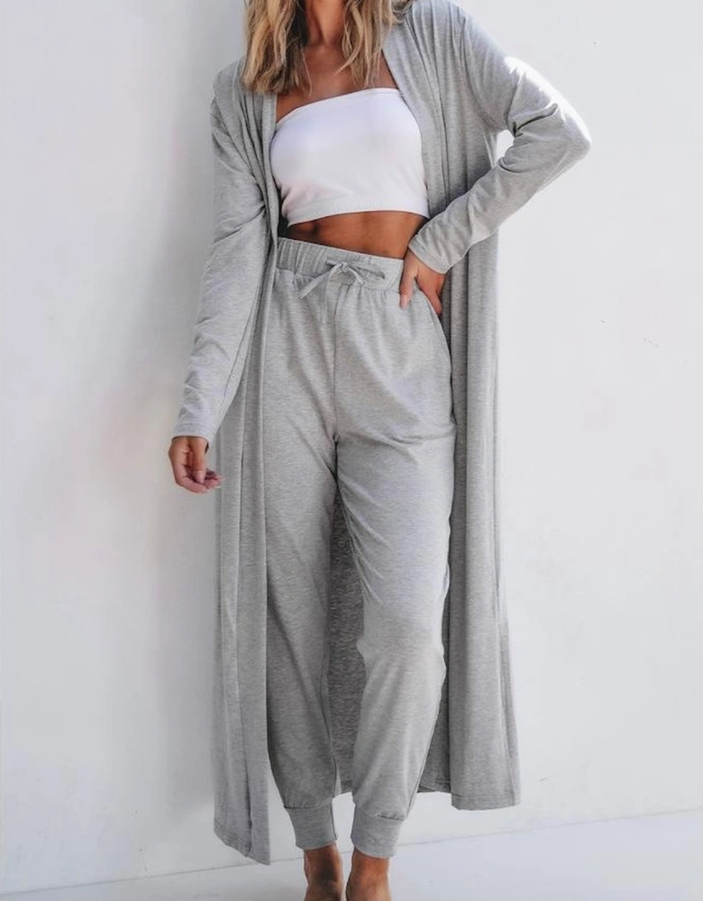 Light Grey Split Long Cardigan and Skinny Pants Lounge Set