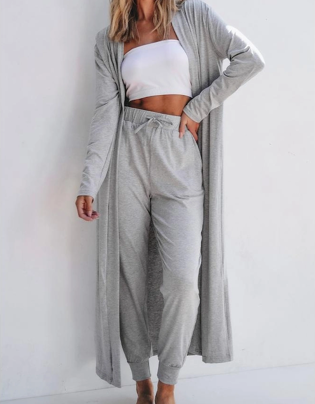Light Grey Split Long Cardigan and Skinny Pants Lounge Set