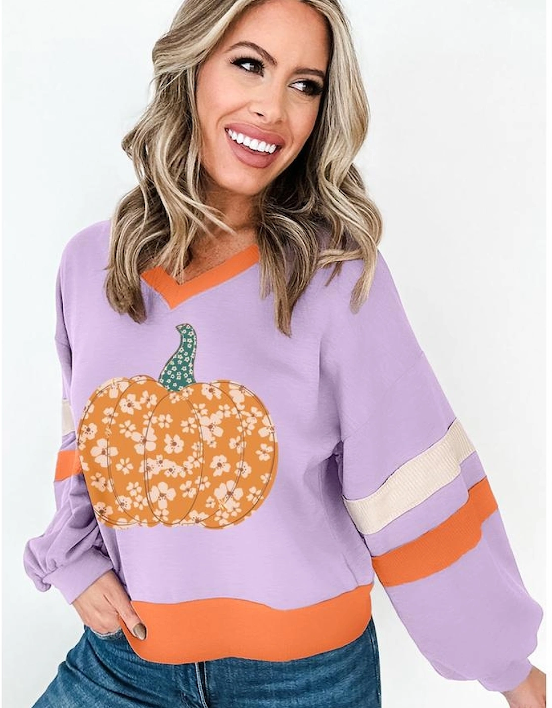 Orchid Bouquet Halloween Floral Pumpkin Color Block V Neck Sweatshirt, 5 of 4