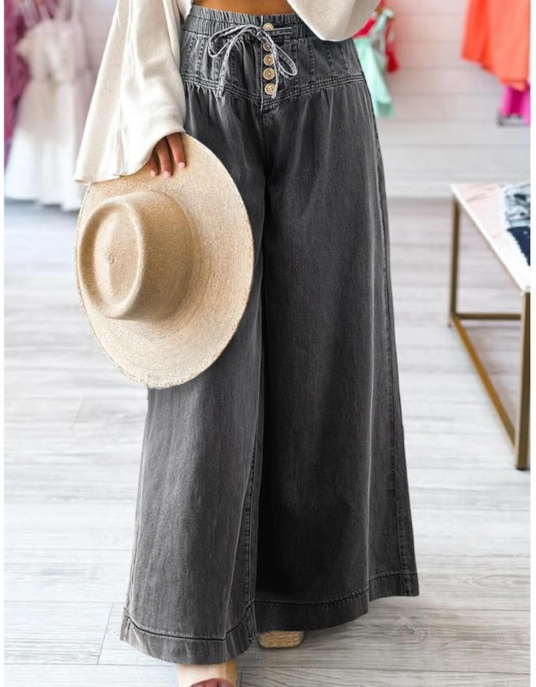 Carbon Grey Mineral Wash Button Fly Waist Wide Leg Jeans