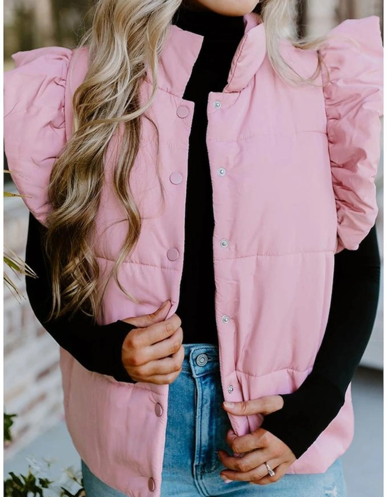 Pink Stand Neck Flutter Sleeve Snap Button Puffer Vest