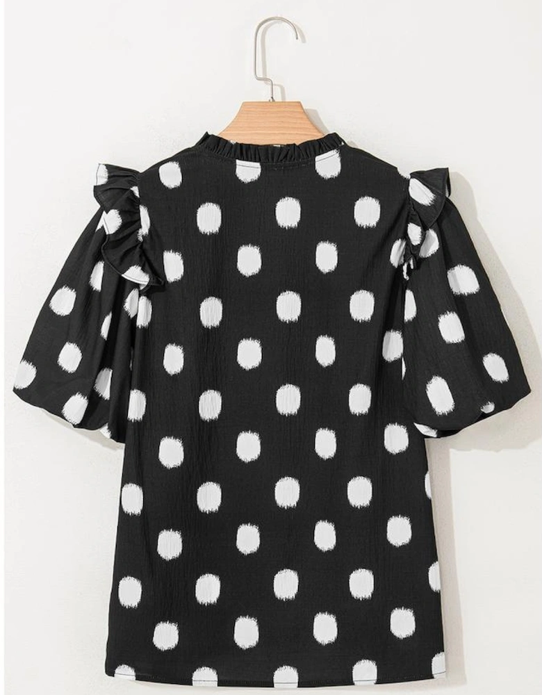 Black Polka Dot Print Shirred Yoke Notched Neck Balloon Sleeve Blouse