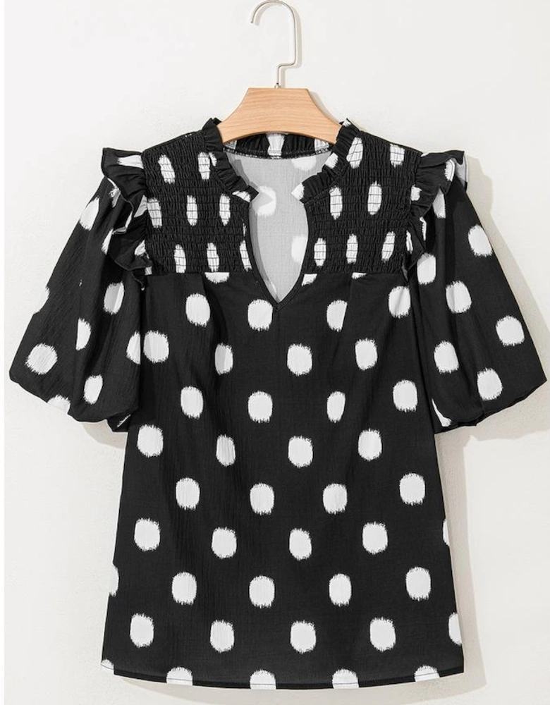 Black Polka Dot Print Shirred Yoke Notched Neck Balloon Sleeve Blouse