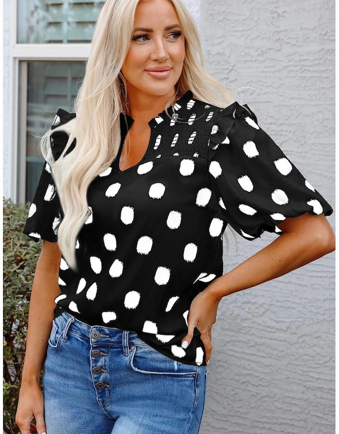 Black Polka Dot Print Shirred Yoke Notched Neck Balloon Sleeve Blouse