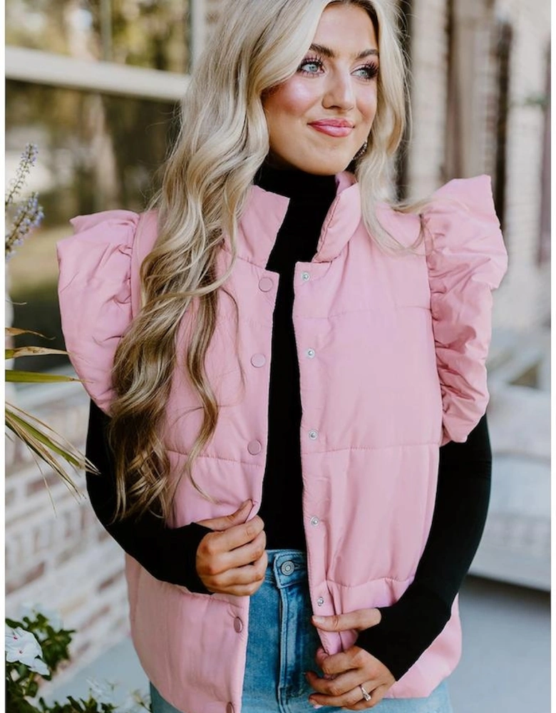 Pink Stand Neck Flutter Sleeve Snap Button Puffer Vest
