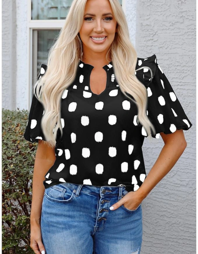 Black Polka Dot Print Shirred Yoke Notched Neck Balloon Sleeve Blouse