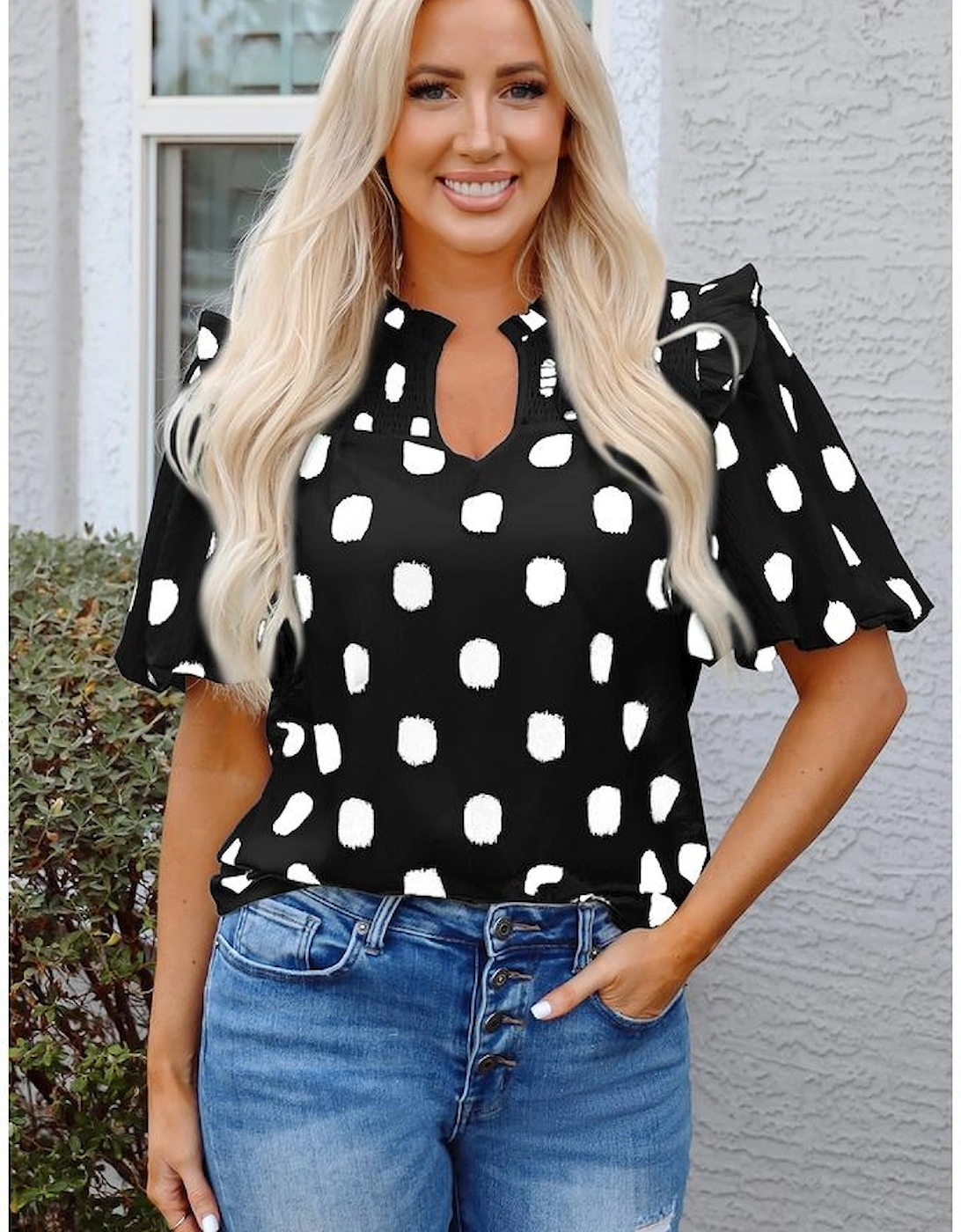 Black Polka Dot Print Shirred Yoke Notched Neck Balloon Sleeve Blouse