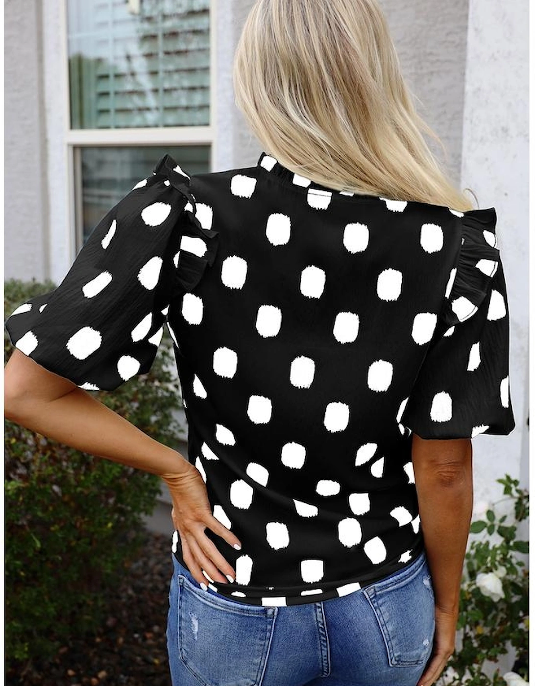 Black Polka Dot Print Shirred Yoke Notched Neck Balloon Sleeve Blouse, 14 of 13