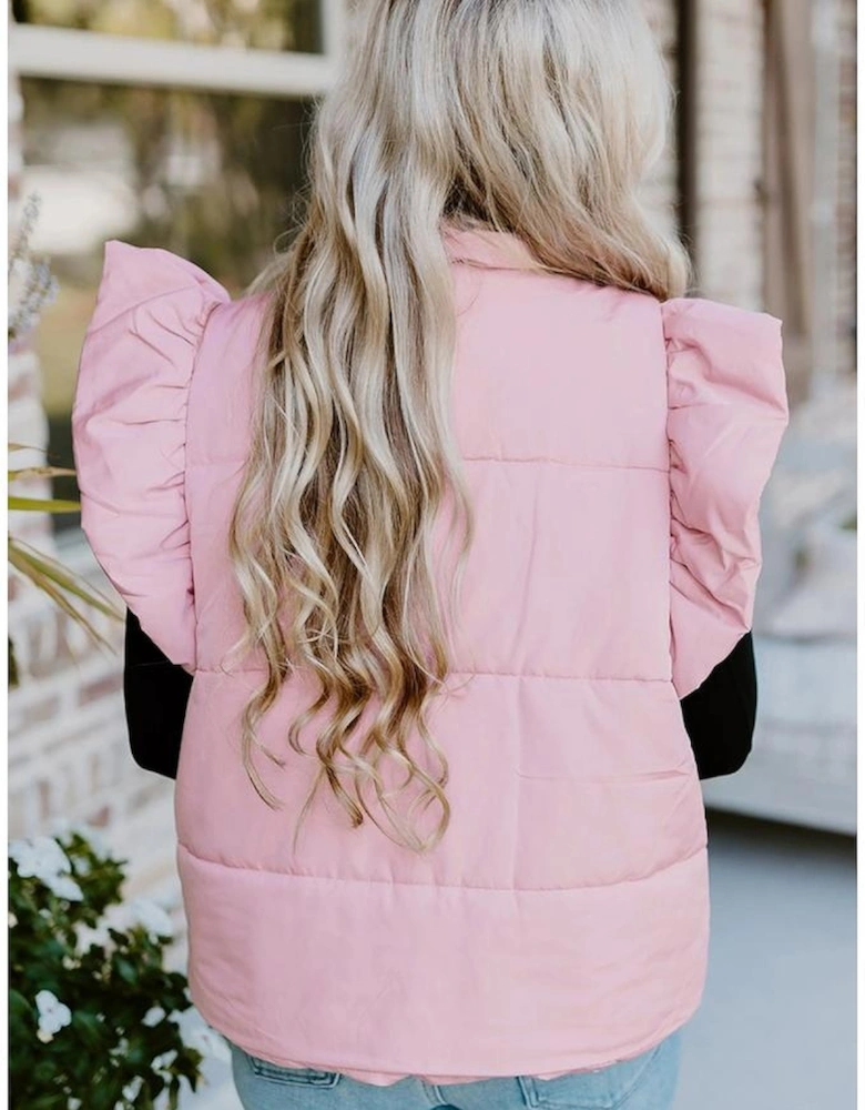Pink Stand Neck Flutter Sleeve Snap Button Puffer Vest