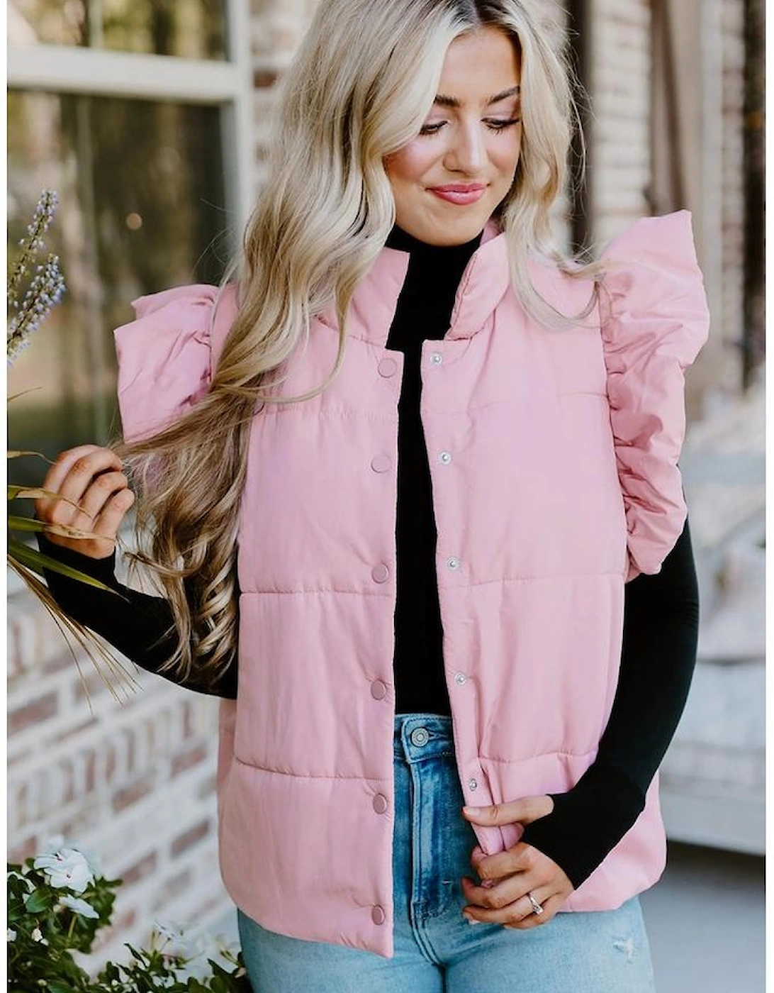 Pink Stand Neck Flutter Sleeve Snap Button Puffer Vest