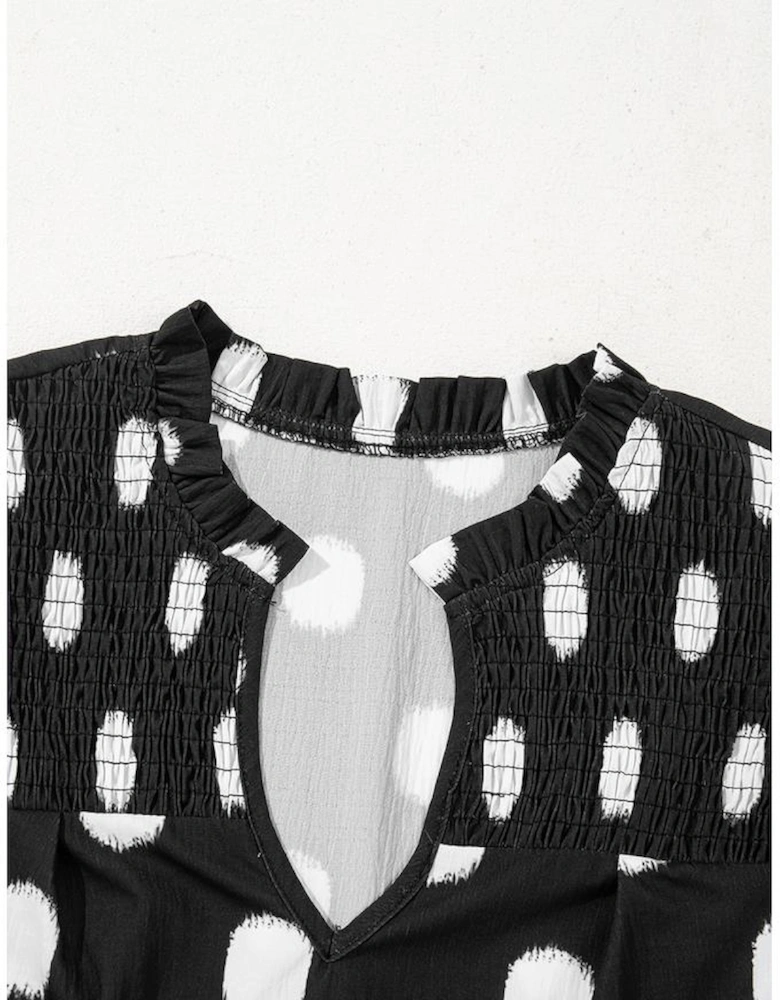 Black Polka Dot Print Shirred Yoke Notched Neck Balloon Sleeve Blouse