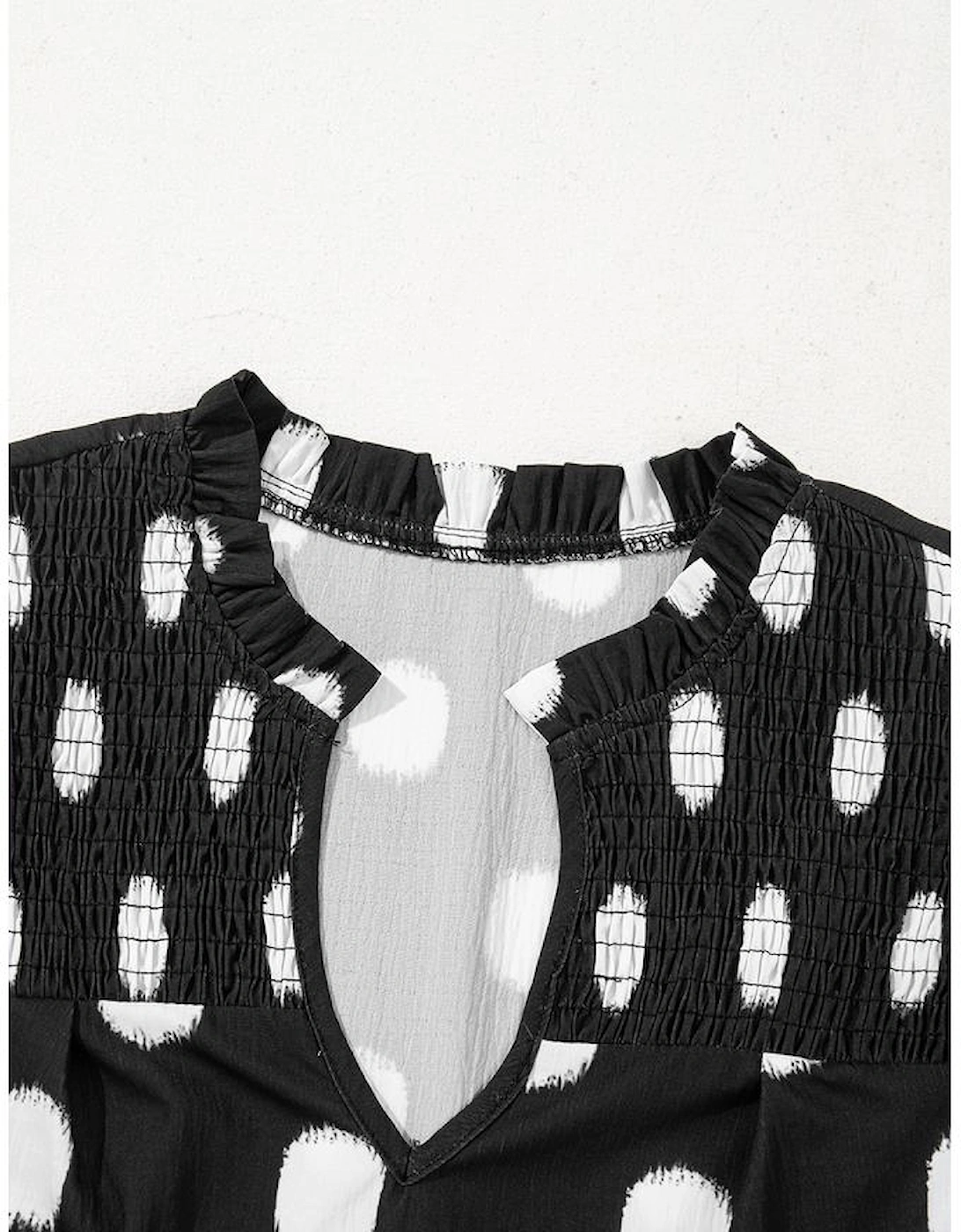 Black Polka Dot Print Shirred Yoke Notched Neck Balloon Sleeve Blouse
