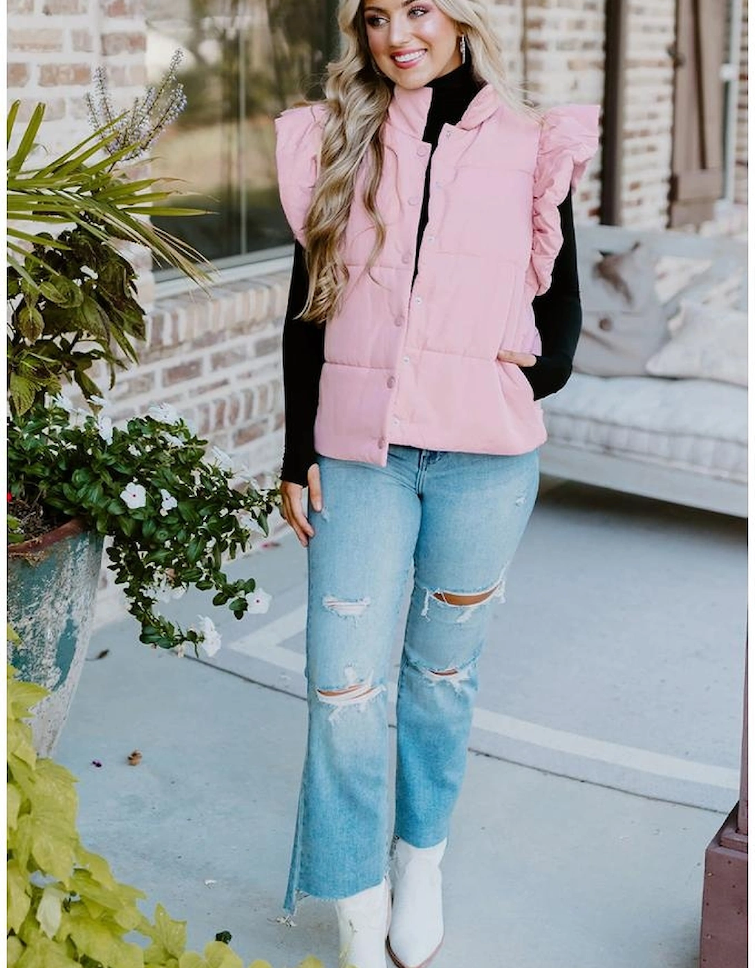 Pink Stand Neck Flutter Sleeve Snap Button Puffer Vest