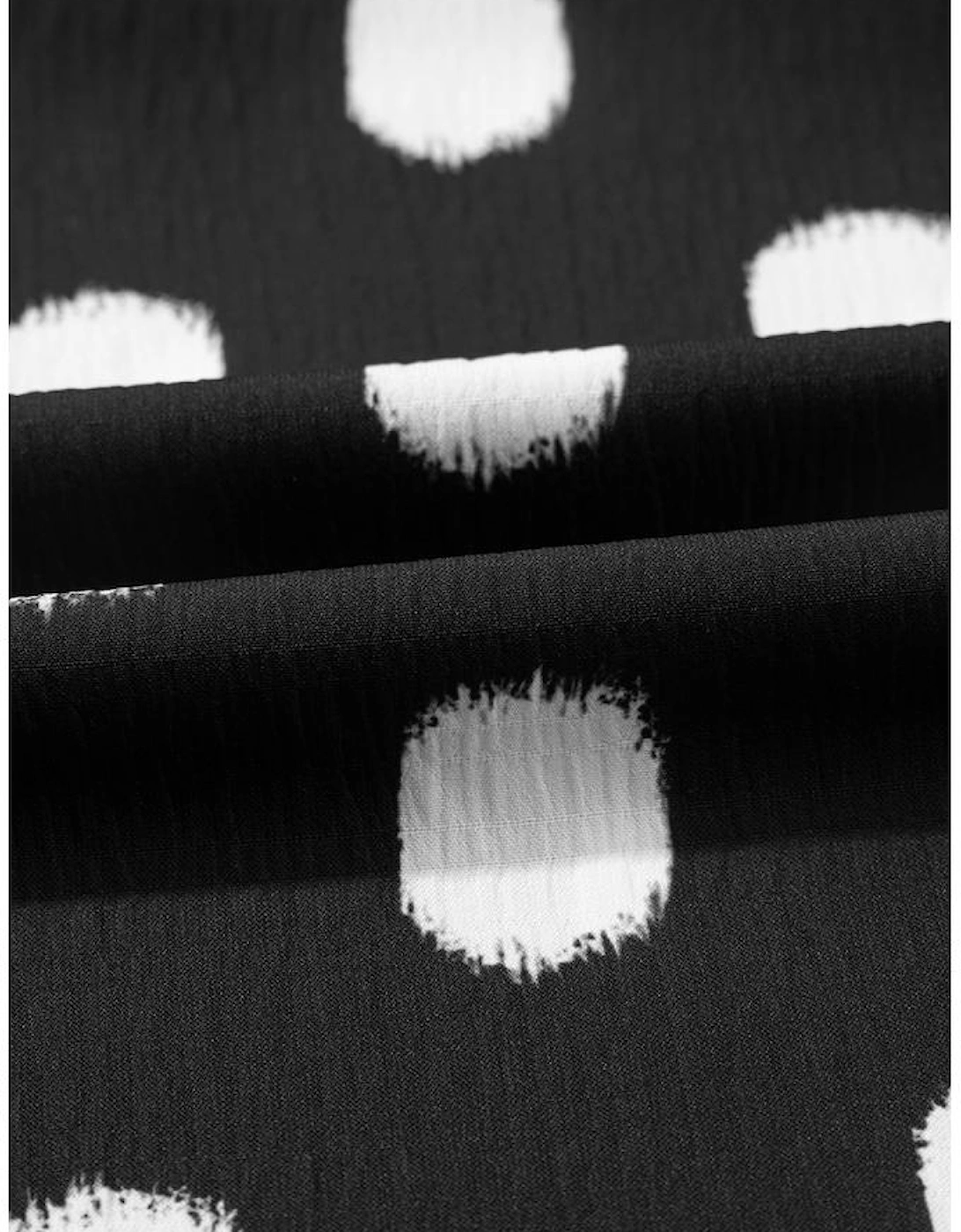 Black Polka Dot Print Shirred Yoke Notched Neck Balloon Sleeve Blouse