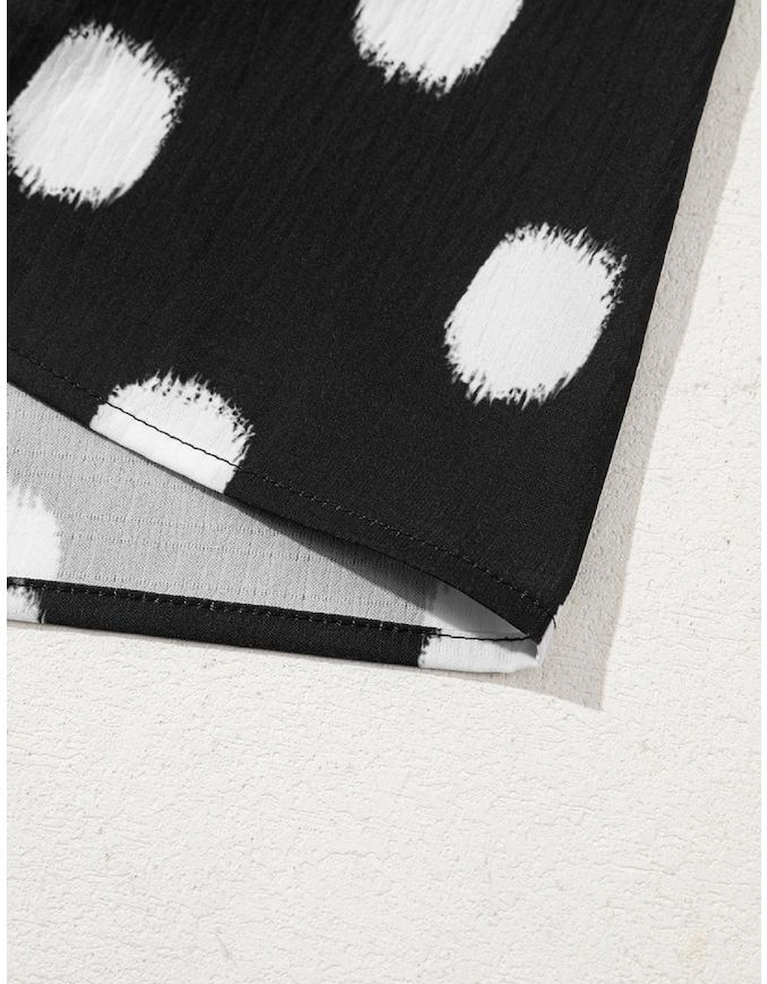 Black Polka Dot Print Shirred Yoke Notched Neck Balloon Sleeve Blouse