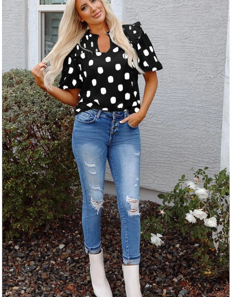 Black Polka Dot Print Shirred Yoke Notched Neck Balloon Sleeve Blouse
