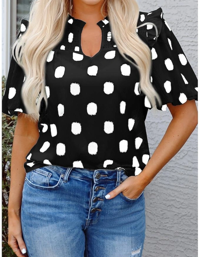 Black Polka Dot Print Shirred Yoke Notched Neck Balloon Sleeve Blouse