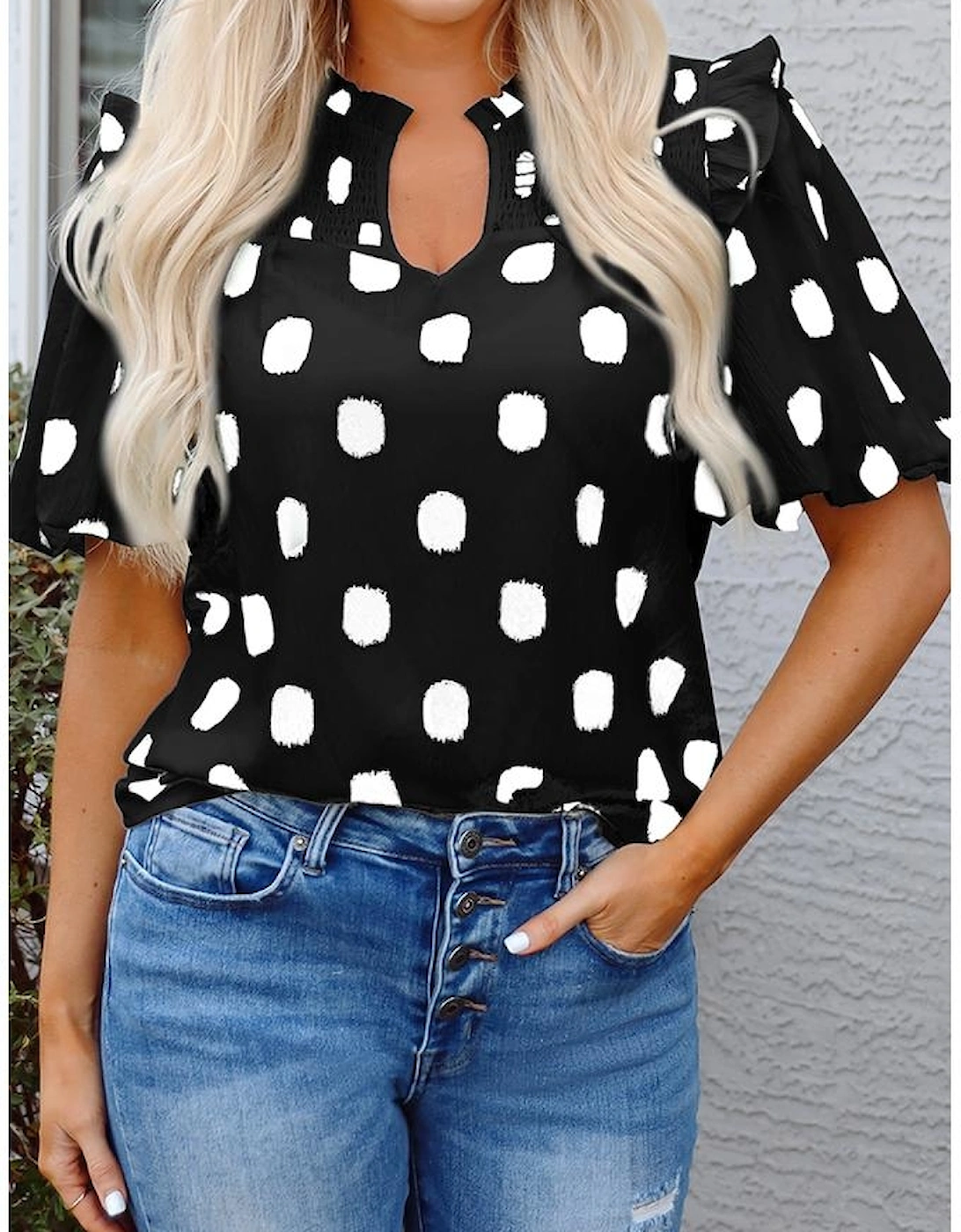 Black Polka Dot Print Shirred Yoke Notched Neck Balloon Sleeve Blouse