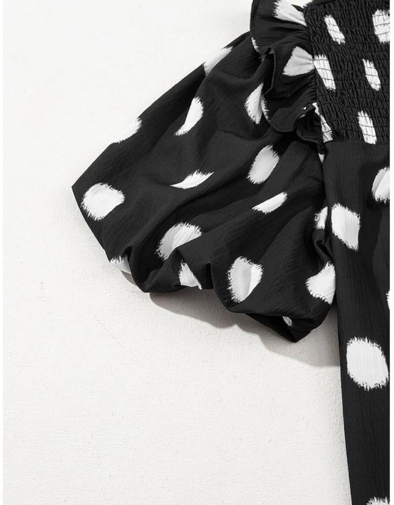 Black Polka Dot Print Shirred Yoke Notched Neck Balloon Sleeve Blouse