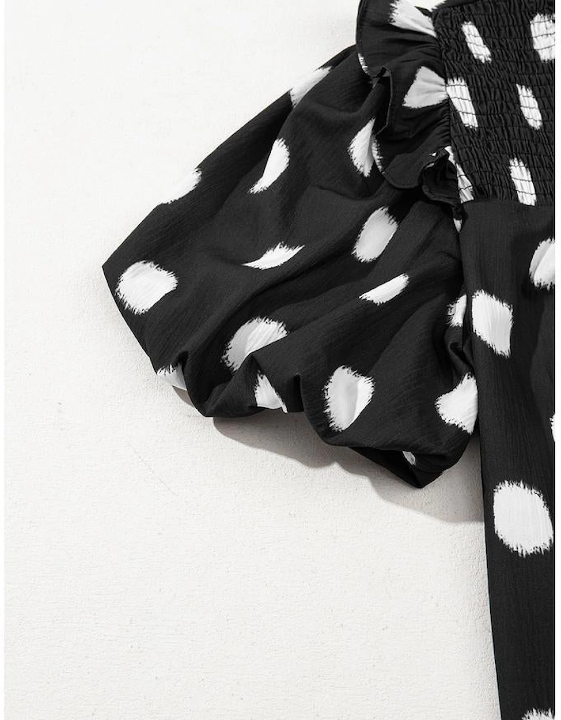 Black Polka Dot Print Shirred Yoke Notched Neck Balloon Sleeve Blouse