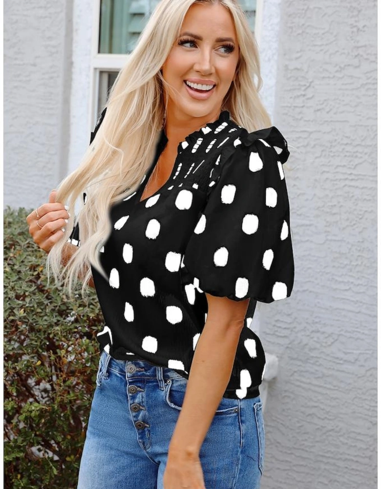 Black Polka Dot Print Shirred Yoke Notched Neck Balloon Sleeve Blouse