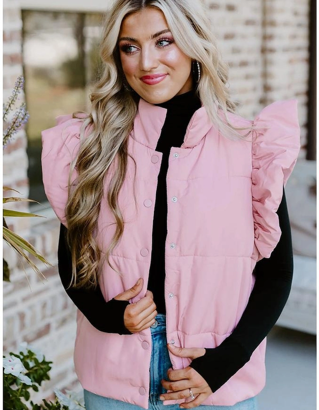 Pink Stand Neck Flutter Sleeve Snap Button Puffer Vest