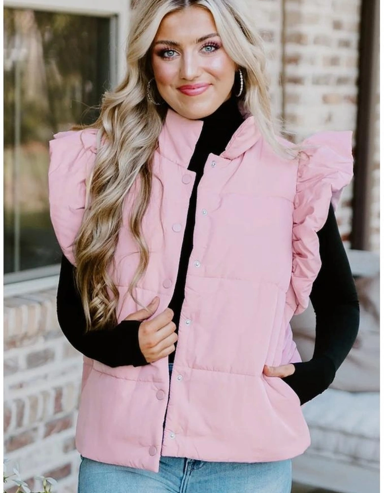 Pink Stand Neck Flutter Sleeve Snap Button Puffer Vest