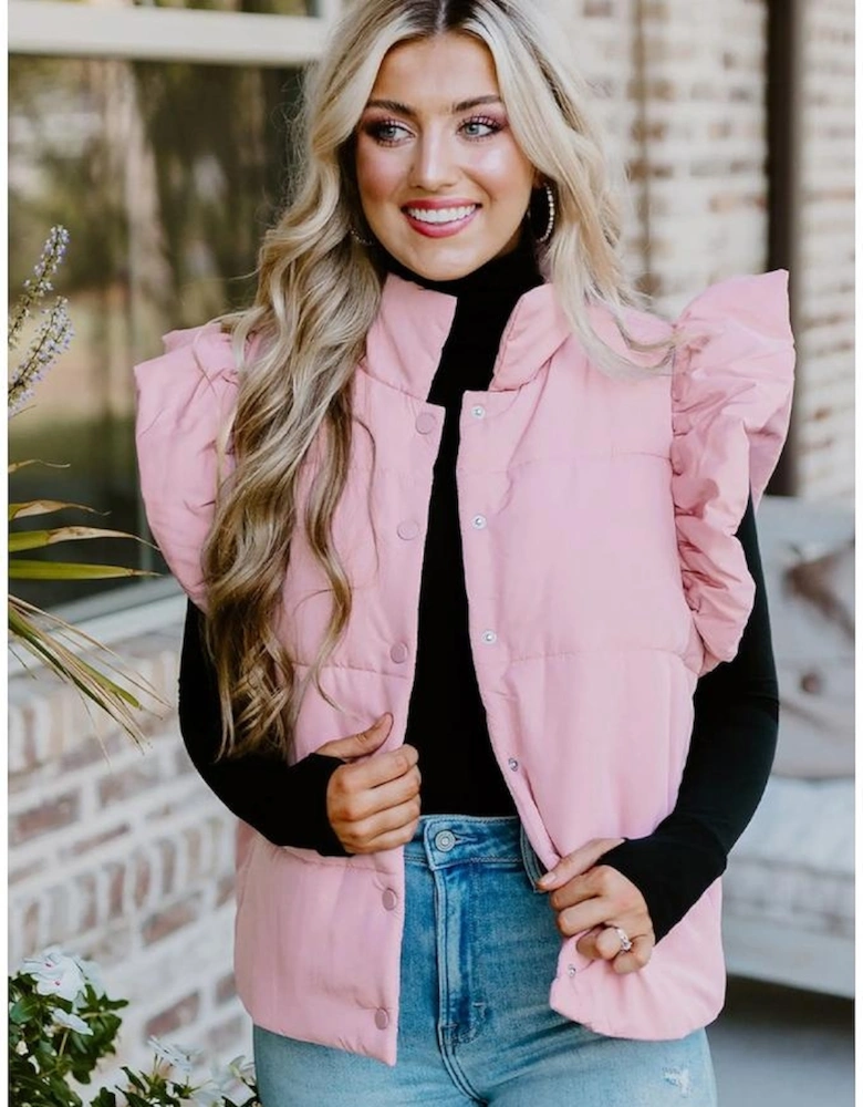 Pink Stand Neck Flutter Sleeve Snap Button Puffer Vest