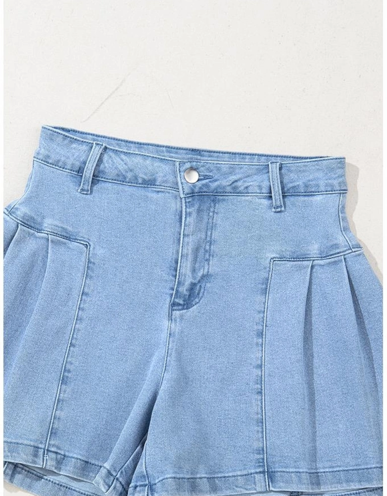 Dusk Blue Pleated Patchwork Wide Leg Lightweight Denim Shorts