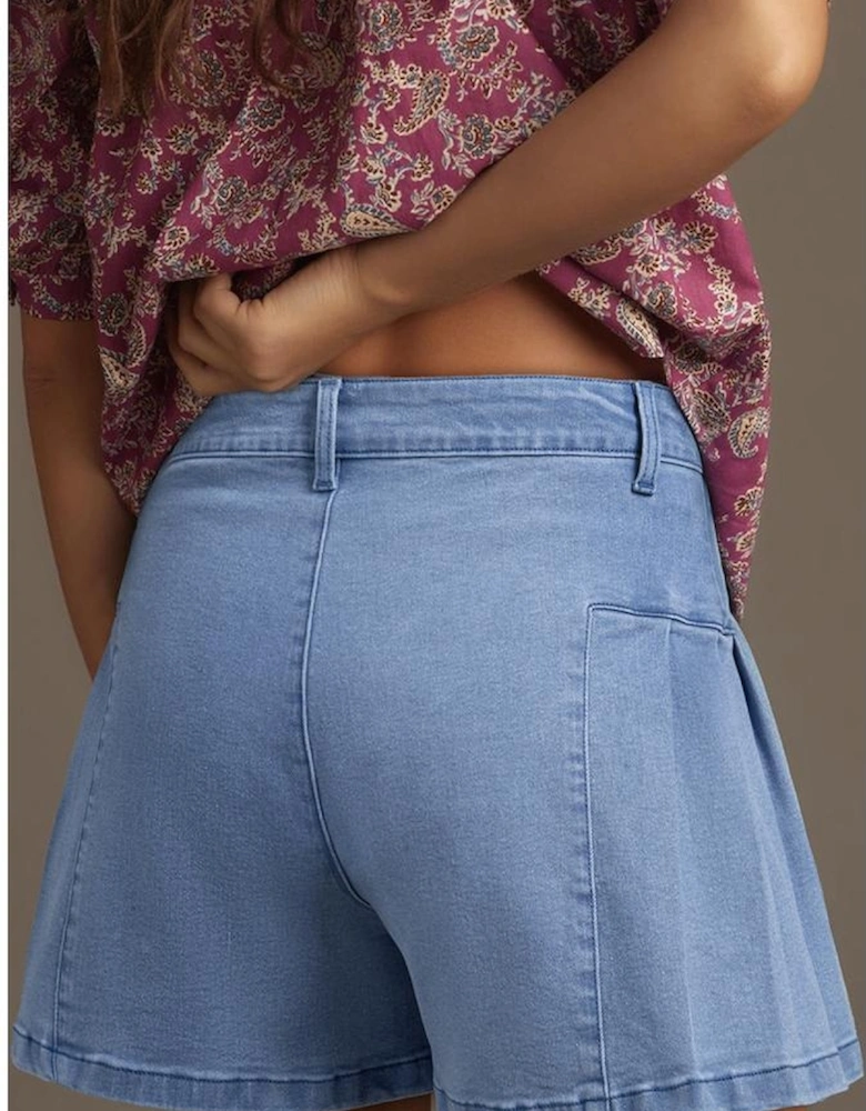 Dusk Blue Pleated Patchwork Wide Leg Lightweight Denim Shorts