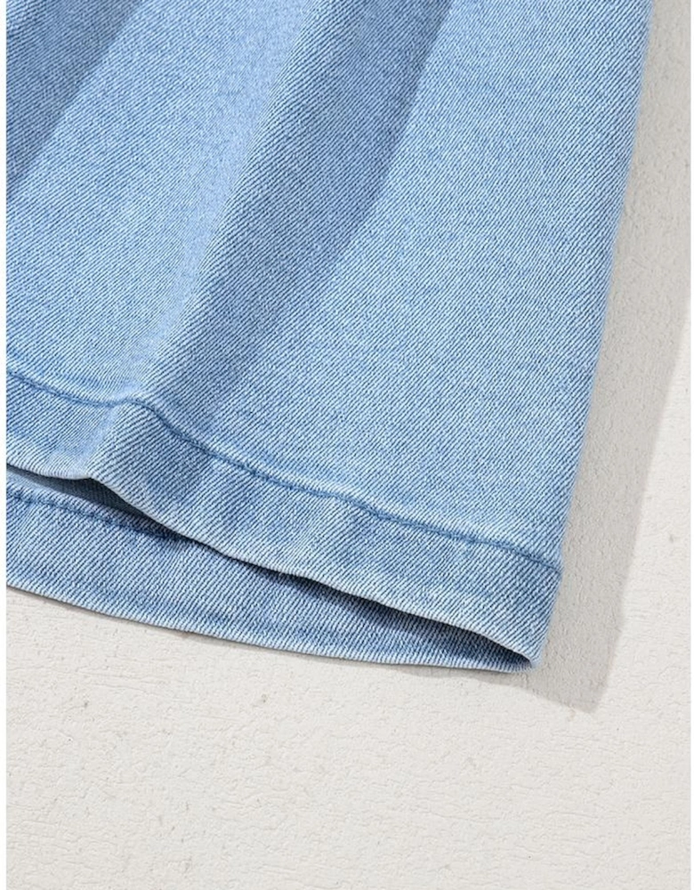 Dusk Blue Pleated Patchwork Wide Leg Lightweight Denim Shorts