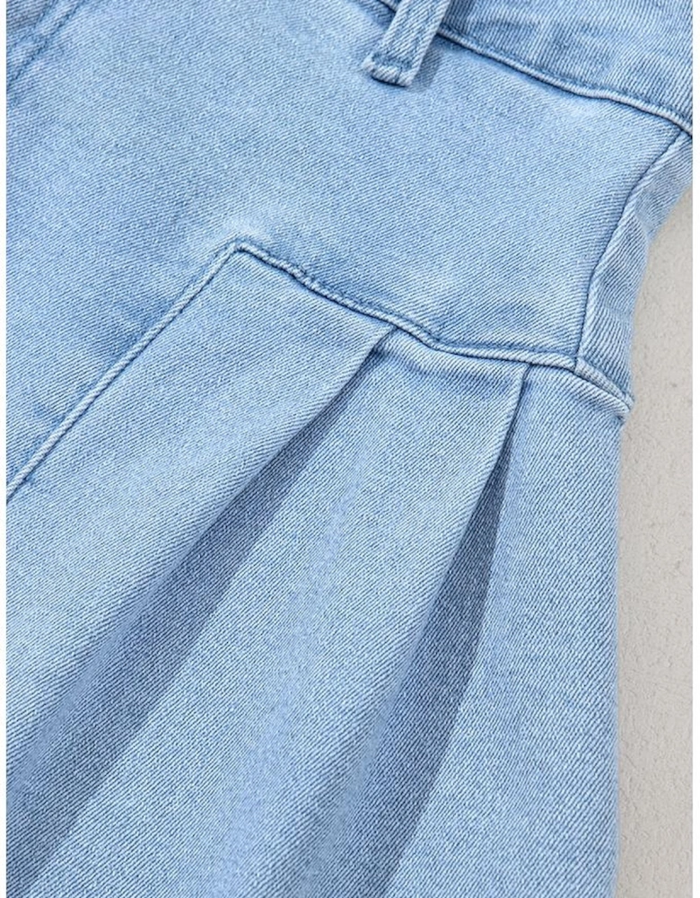 Dusk Blue Pleated Patchwork Wide Leg Lightweight Denim Shorts