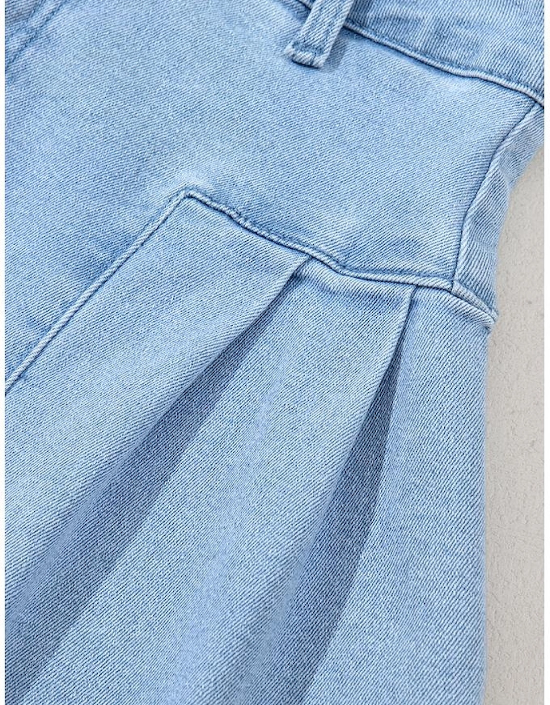 Dusk Blue Pleated Patchwork Wide Leg Lightweight Denim Shorts