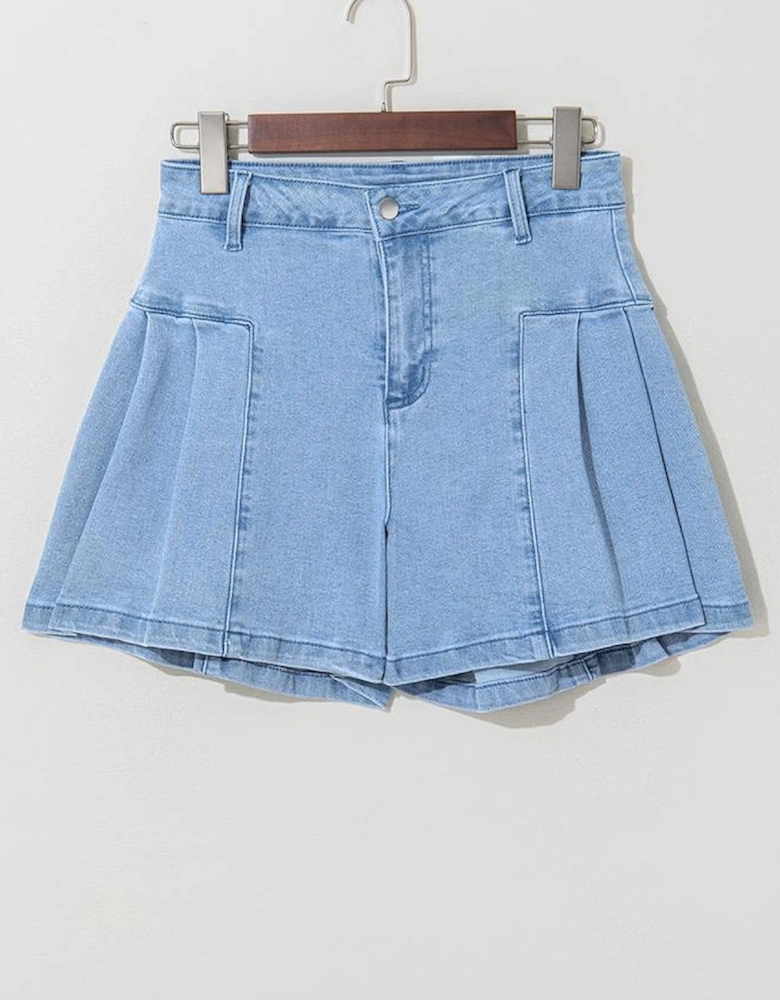 Dusk Blue Pleated Patchwork Wide Leg Lightweight Denim Shorts