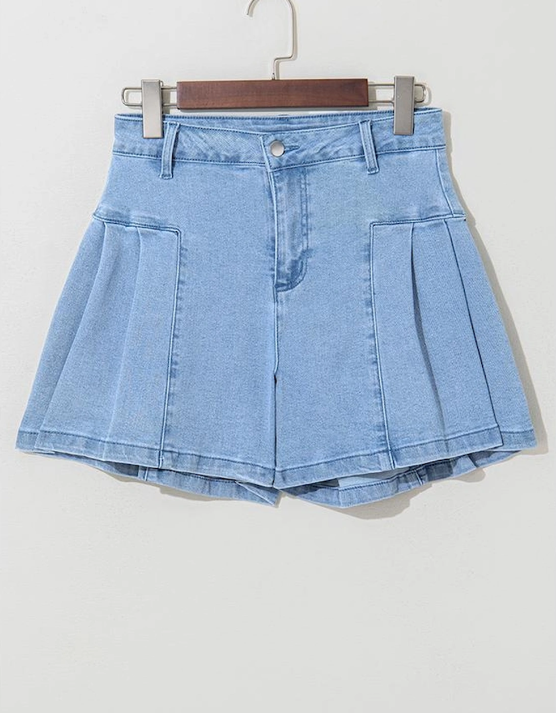 Dusk Blue Pleated Patchwork Wide Leg Lightweight Denim Shorts