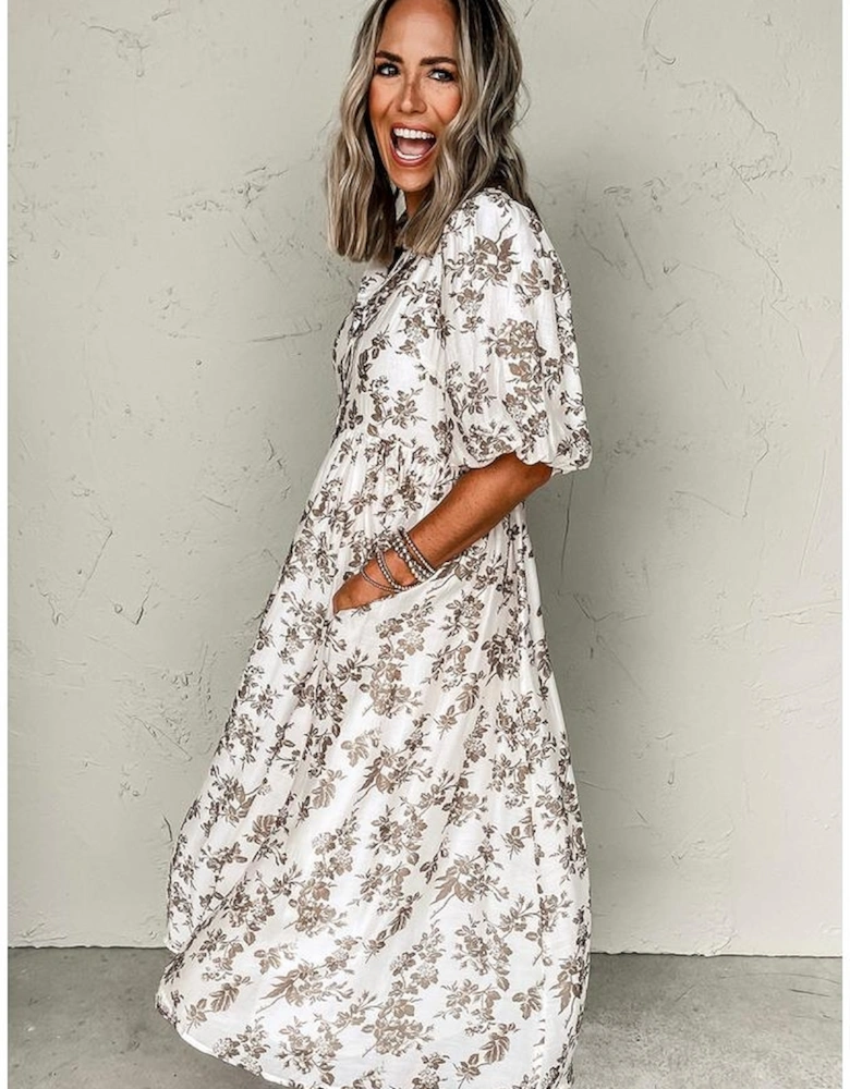 Khaki Floral Puff Sleeve V Neck Buttoned Front Maxi Dress