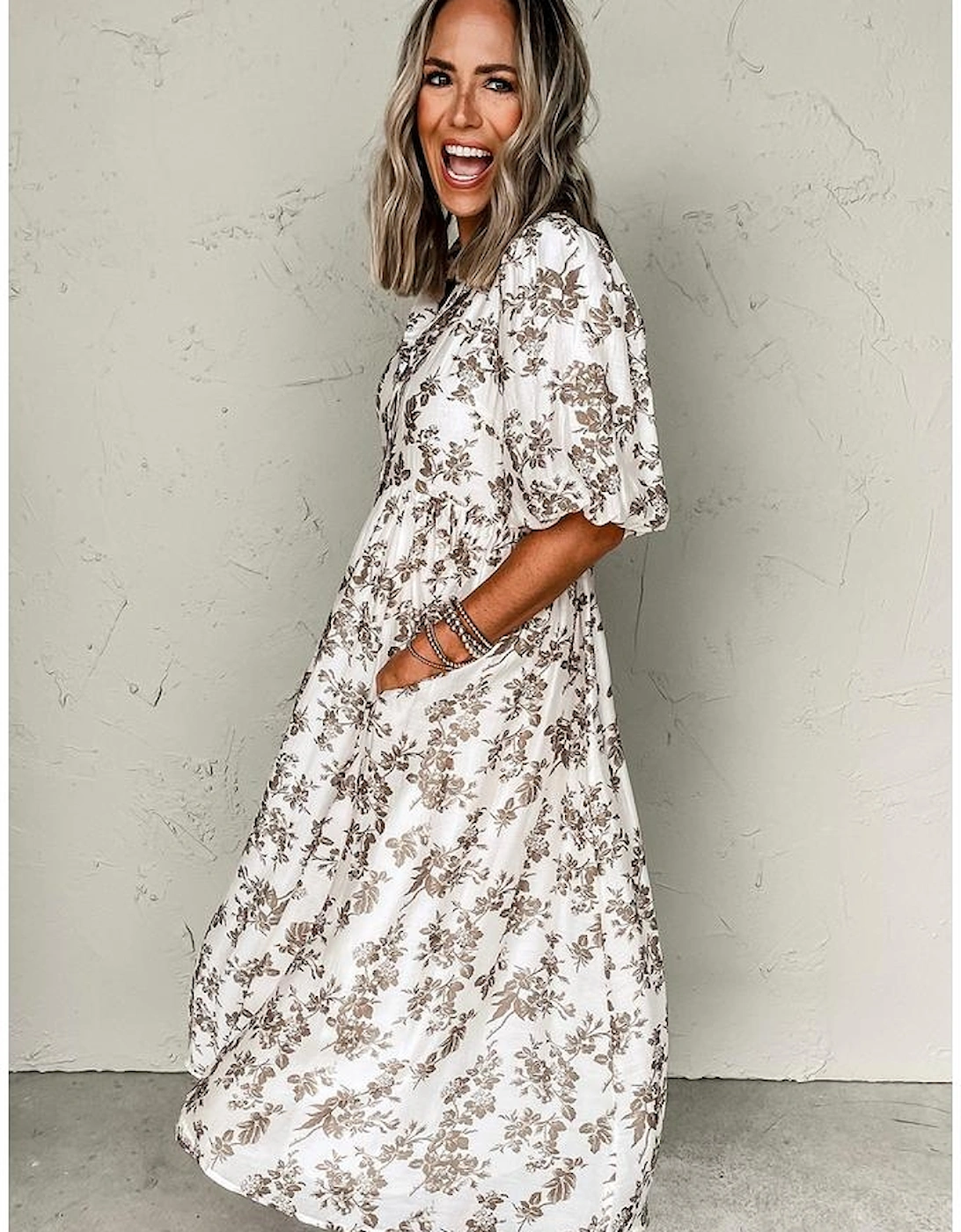 Khaki Floral Puff Sleeve V Neck Buttoned Front Maxi Dress