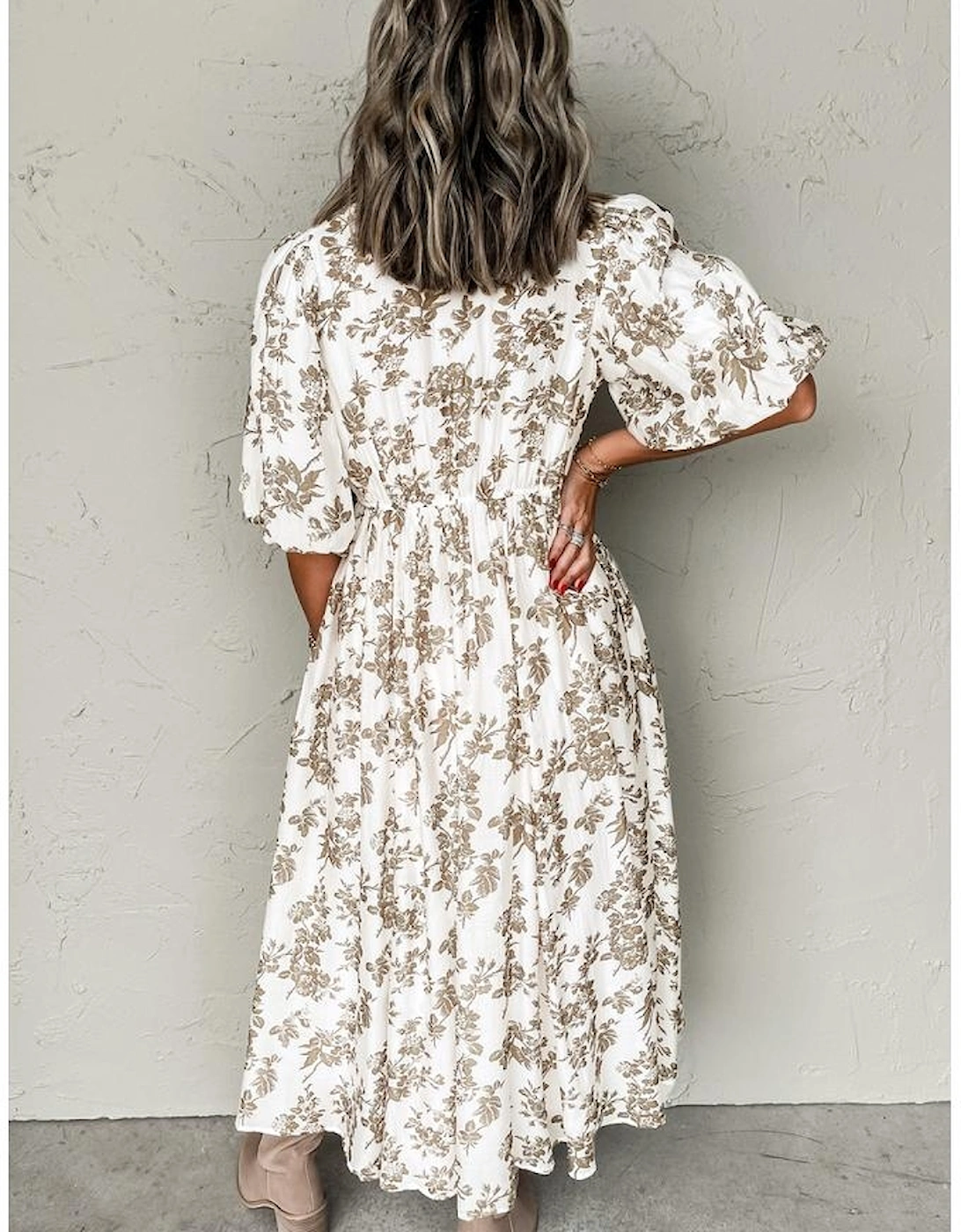Khaki Floral Puff Sleeve V Neck Buttoned Front Maxi Dress