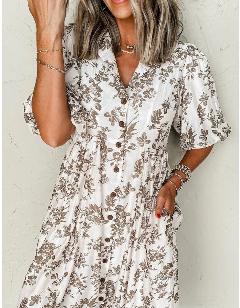 Khaki Floral Puff Sleeve V Neck Buttoned Front Maxi Dress