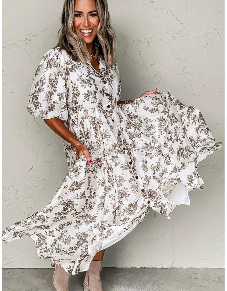 Khaki Floral Puff Sleeve V Neck Buttoned Front Maxi Dress