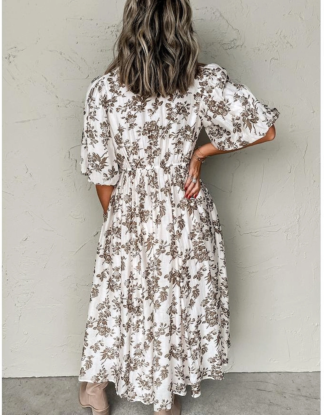 Khaki Floral Puff Sleeve V Neck Buttoned Front Maxi Dress