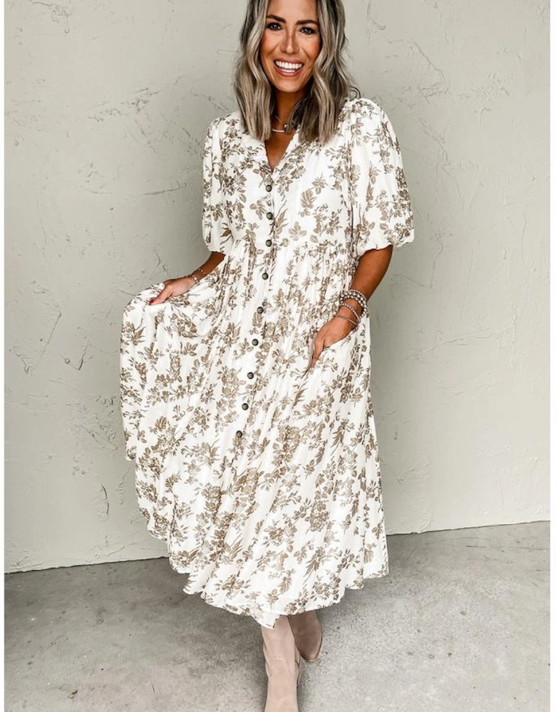 Khaki Floral Puff Sleeve V Neck Buttoned Front Maxi Dress