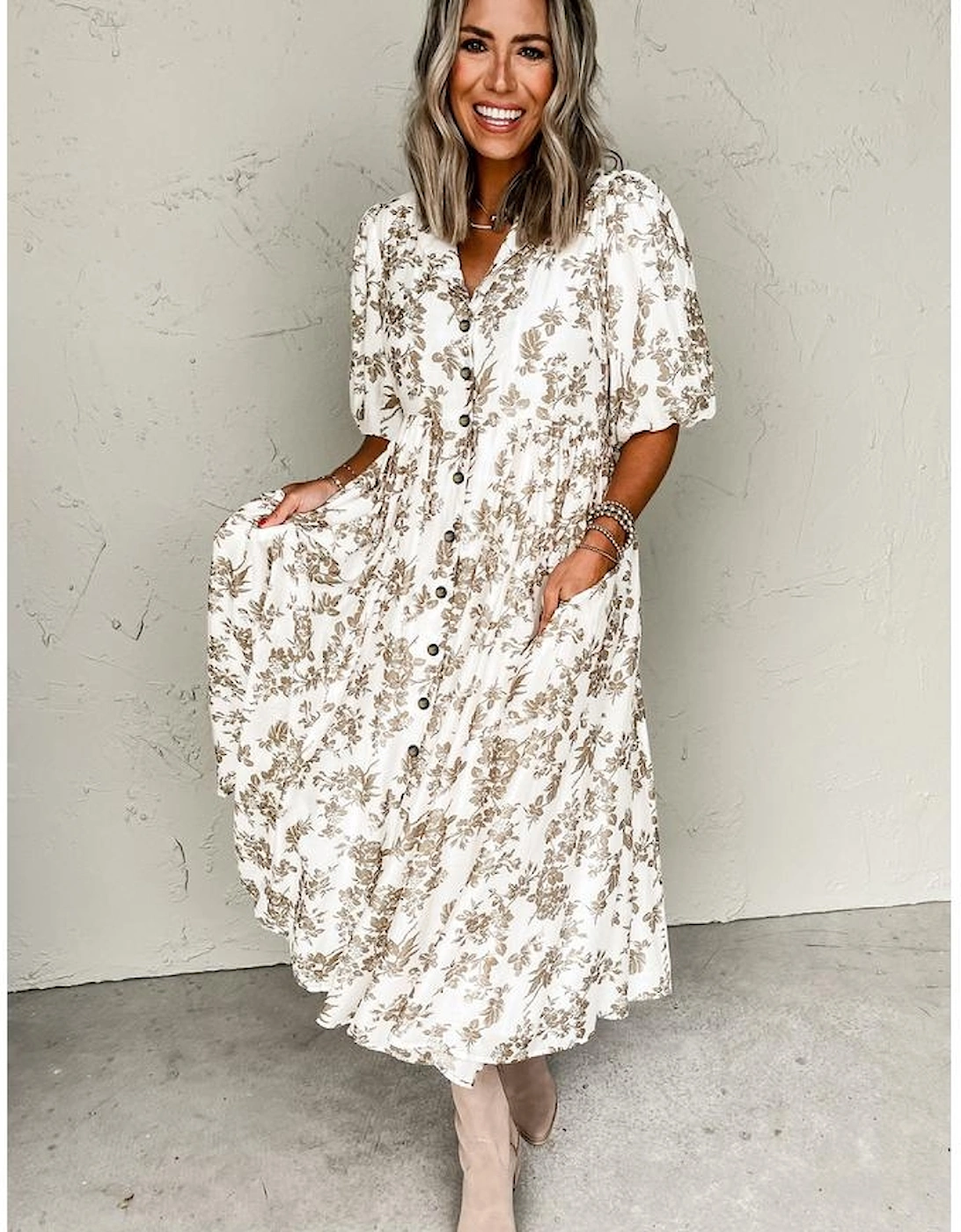 Khaki Floral Puff Sleeve V Neck Buttoned Front Maxi Dress