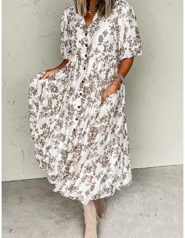 Khaki Floral Puff Sleeve V Neck Buttoned Front Maxi Dress