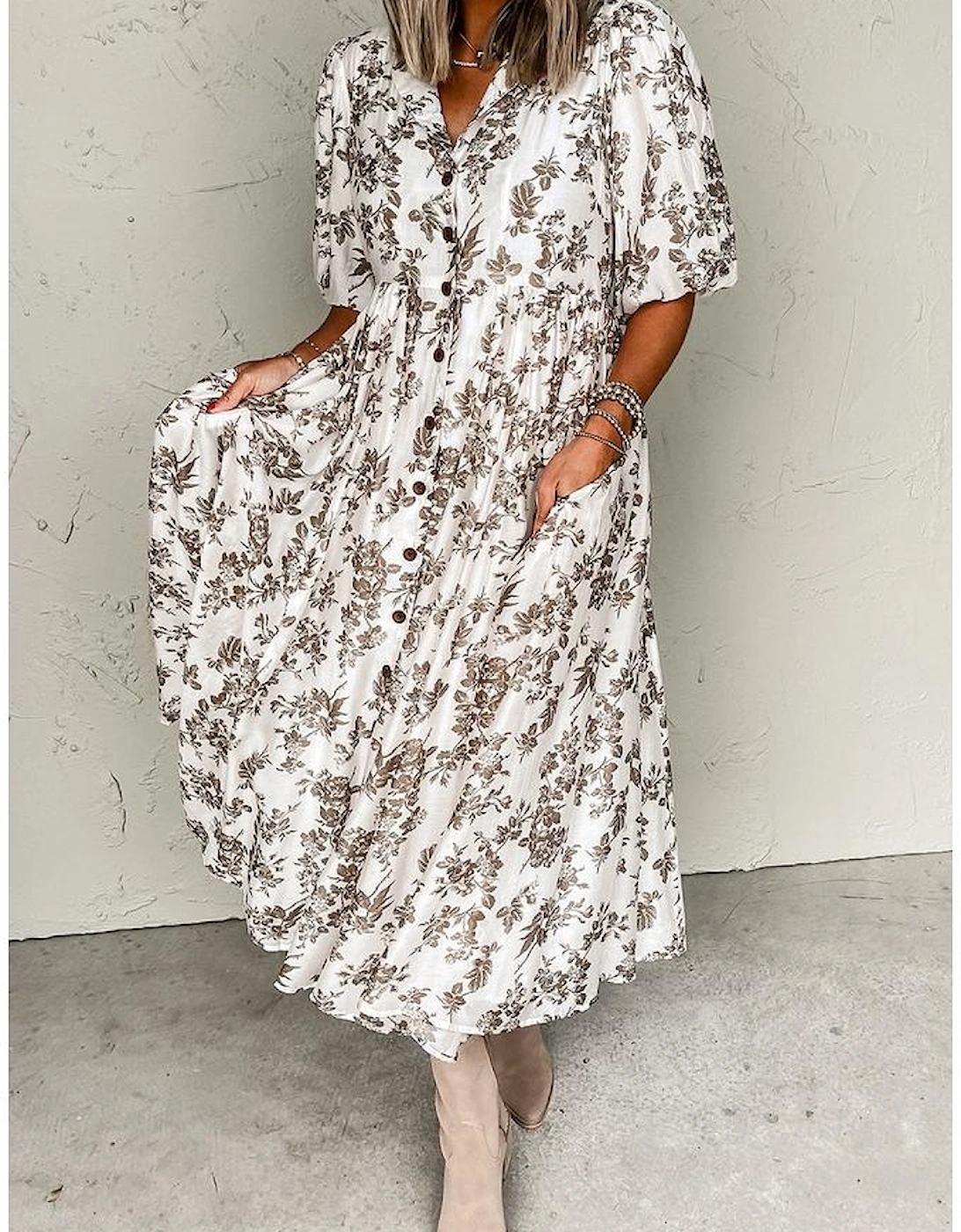 Khaki Floral Puff Sleeve V Neck Buttoned Front Maxi Dress, 13 of 12