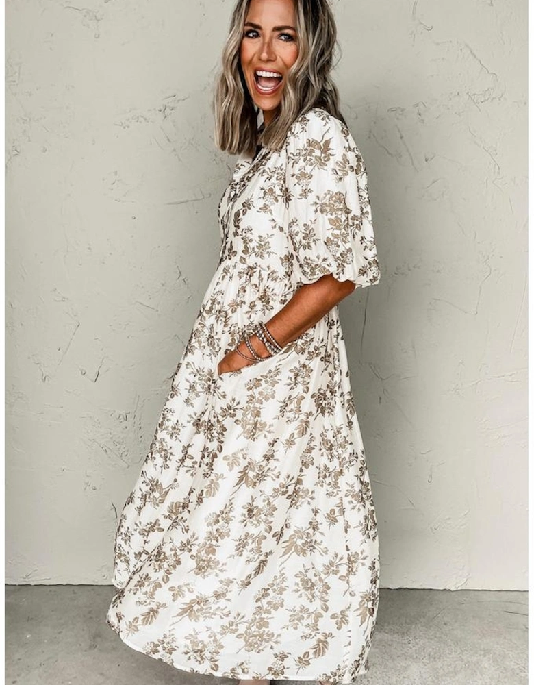 Khaki Floral Puff Sleeve V Neck Buttoned Front Maxi Dress
