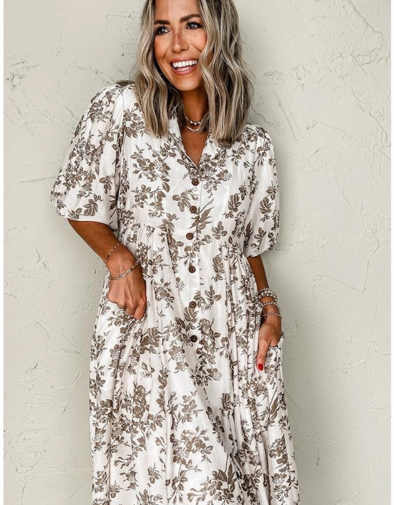 Khaki Floral Puff Sleeve V Neck Buttoned Front Maxi Dress
