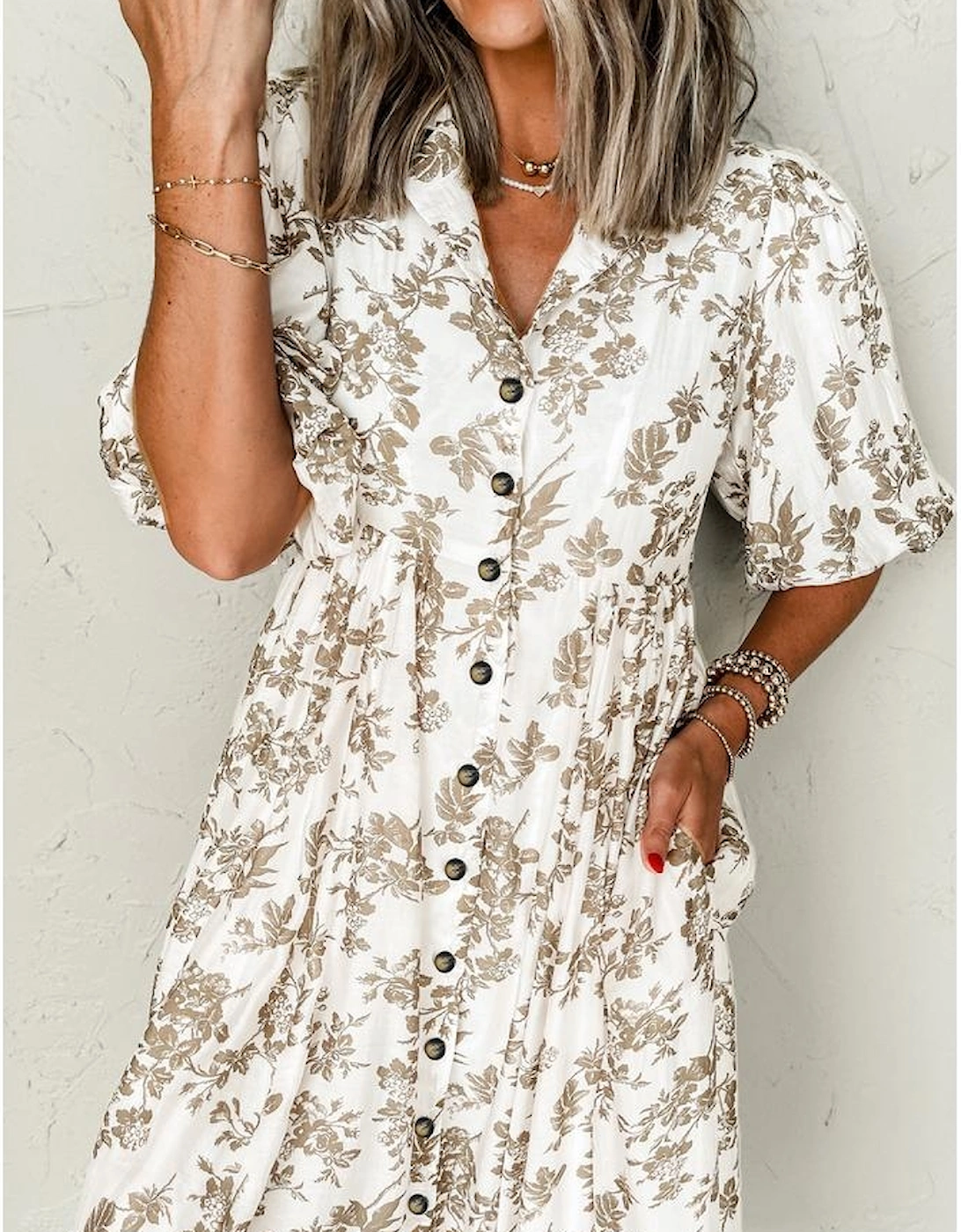 Khaki Floral Puff Sleeve V Neck Buttoned Front Maxi Dress