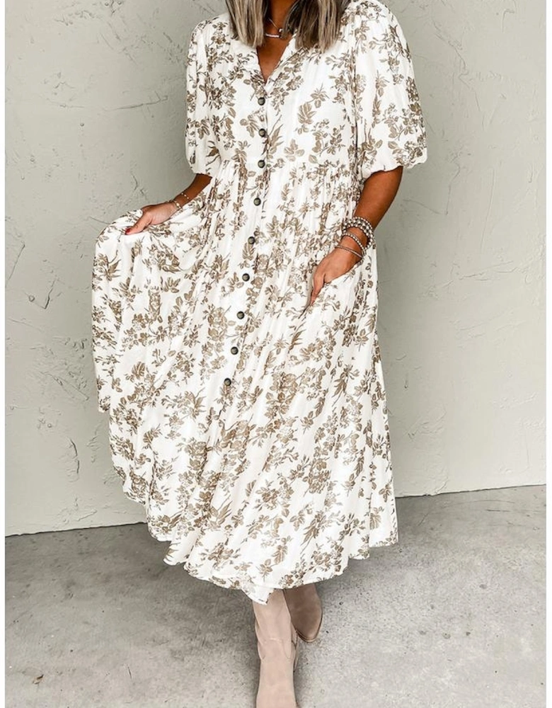 Khaki Floral Puff Sleeve V Neck Buttoned Front Maxi Dress